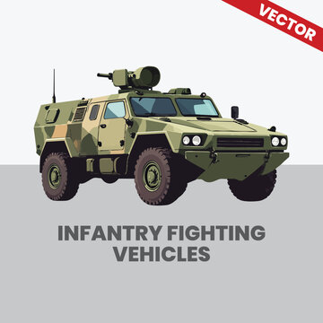 Light Armored Infantry Fighting Vehicle for Military Tactical Operations Vector. Modern Camouflage Combat Reconnaissance Vehicle for Ground Force Defense and Troop Protection Support.