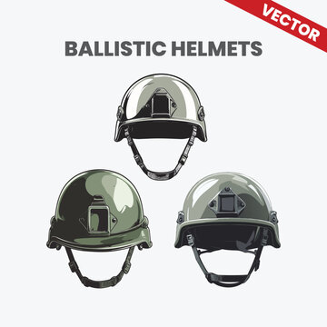 Set of Three Ballistic Helmets Vector Illustration for Military Defense Special Forces Protection and Tactical Combat Gear Design Collection Isolated Tactical Headwear Icons