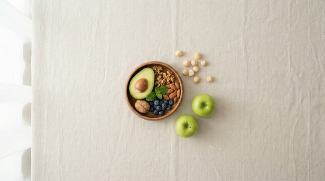 A top-down view of a wooden bowl filled with avocado, nuts, and blueberries, accompanied by green apples and hazelnuts on a light fabric surface.