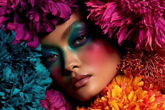 Intensives Beauty Portr&auml;t mit farbenfrohen Blumen und ausdrucksstarkem Make up in leuchtenden Farben