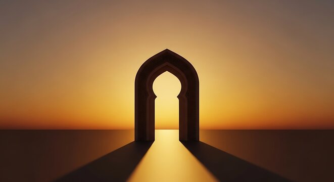 "Dramatic silhouette of an elegant arched doorway standing alone in the middle of a vast desert at sunset, warm golden-orange sky with a glowing horizon, bright sunlight streaming through the archway 