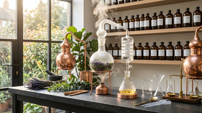 Herbal distillation setup with copper equipment and glassware on a table