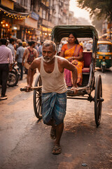 Obraz premium Rickshaw Puller Carrying Passenger Through Busy City Street at Sunset