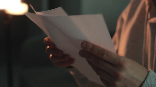 Close-up of white paper documents being read by a person in a dark room. The papers contain important information, notes, or script-like text. Concept of reviewing documents, analysis