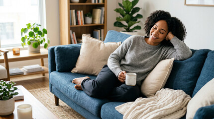 Fototapeta premium Relaxed african american woman with cup of coffee sitting on sofa at home