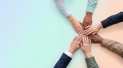 Obraz premium Hands of Diverse Workers Joining Together – Teamwork and Unity Concept
