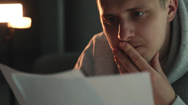 Close-up of white paper documents being read by a person in a dark room. The papers contain important information, notes, or script-like text. Concept of reviewing documents, analysis