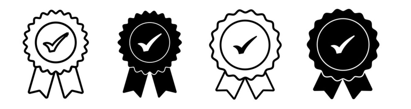 Quality icon. Approved or certified vector badge with check sign. Black and white quality checked icon on transparent background.
