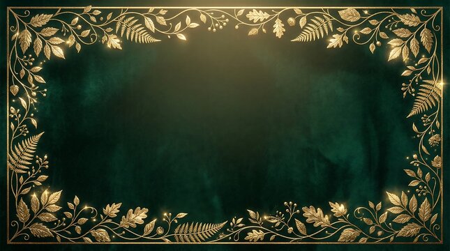 Elegant golden leaf and fern border framing a dark textured emerald green background with subtle light effects evoking a luxurious natural and festive holiday invitation