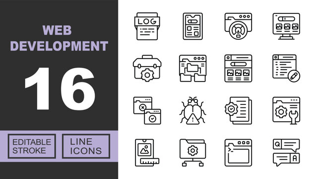 Web Development line icon set. Exclusive Web Development line icon collection. Containing log, layout, speed, dashboard, toolbox, folder, browser, edit, error, bug, settings. Editable stroke.