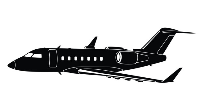 Silhouette of a private jet in flight against a white background