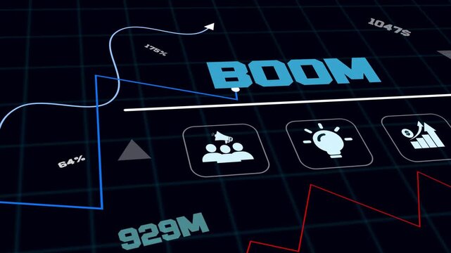 Booming market trends and rapid business growth visualized through explosive upward graphs on a digital monitor screen