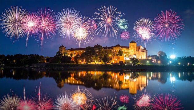 Illuminated castle and river with colorful fireworks exploding overhead on a clear night reflecting in the water