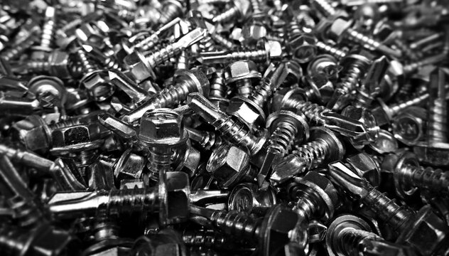 A close up view of loose hex head self tapping screws
