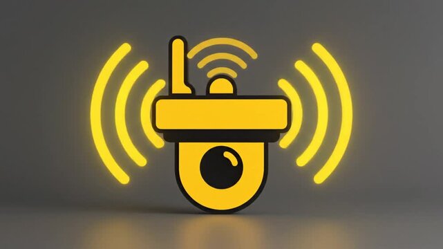3D Render of a Yellow Wireless Security Camera with Glowing Animated Wireless Signal Lines on a Gray Background