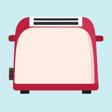 A bright red toaster sits on a light blue background indoors.