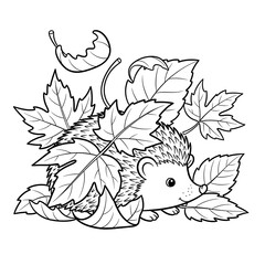 Fototapeta premium Cute hedgehog nestled among autumn leaves