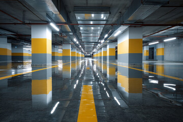 Obraz premium Water reflects ceiling lights in a flooded parking garage.