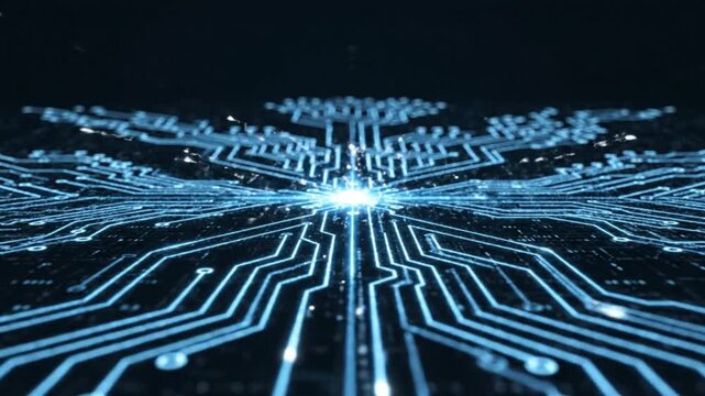 Abstract glowing blue circuit board pattern with intricate pathways and a bright central light representing technology
