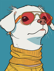 Obraz premium Stylish White Dog with Red Sunglasses and Yellow Sweater