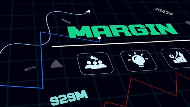 Digital screen display featuring glowing margin graphs and financial progress indicators for professional data analysis