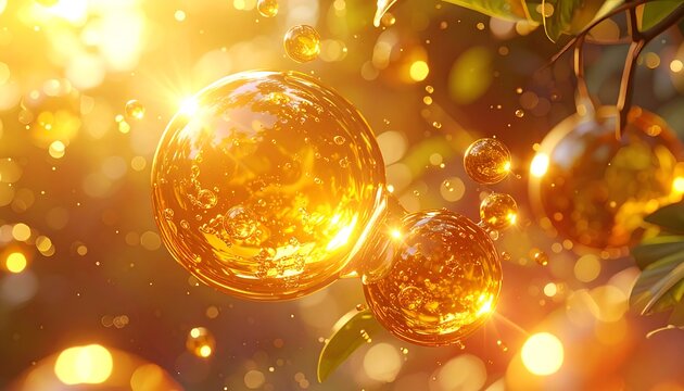 Golden orbs hang from leafy branches, bathed in warm sunlight, creating a bokeh effect