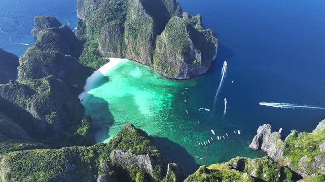 Aerial view of Maya bay and Pileh lagoon in Phi phi island, Thailand.