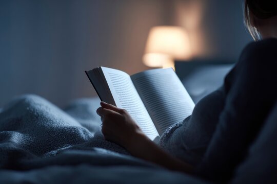 A woman reading a book in bed at night, cozy atmosphere with soft lamp light in the background.