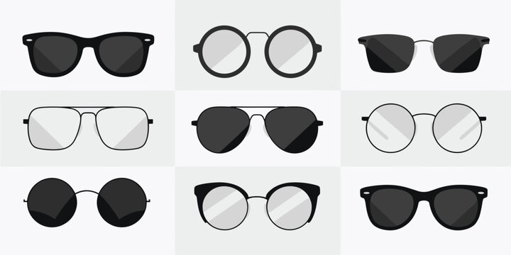 Set of nine black framed eyeglasses and sunglasses featuring various shapes including round aviator wayfarer and cat eye styles on a light gray background