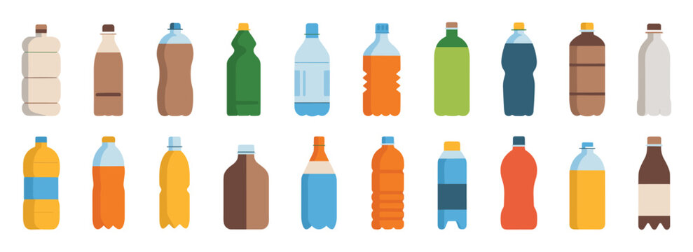 Set of twenty flat plastic bottles with various shapes colors and caps arranged in two rows on a white background