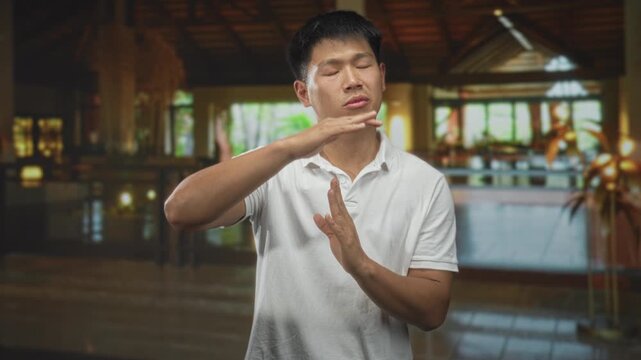 Young chinese man makes a timeout sign with his hands in a hotel lobby building, palms visible and shirt white; rejection.