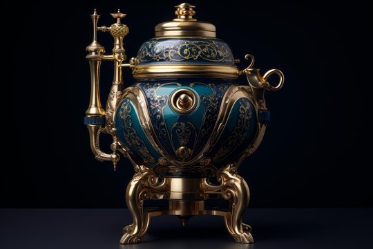 Traditional russian samovar showcasing exquisite craftsmanship, blending gold and teal enamel with intricate details, celebrating rich cultural heritage