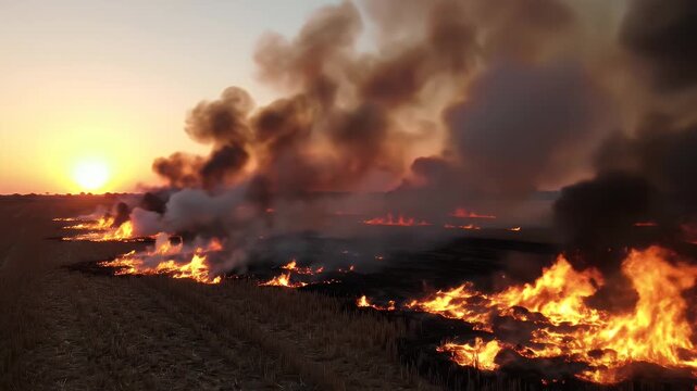 Burning field at sunset with smoke and flames a dangerous wildfire.
