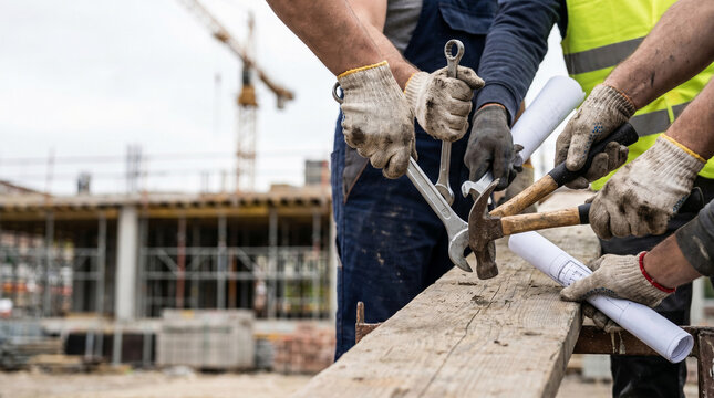 Construction tools and safety gear on site background