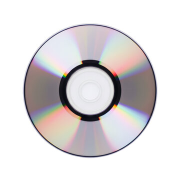 Single compact disc with concentric circular grooves and vibrant iridescent rainbow diffraction surface on a solid white background, sleek modern tech concept