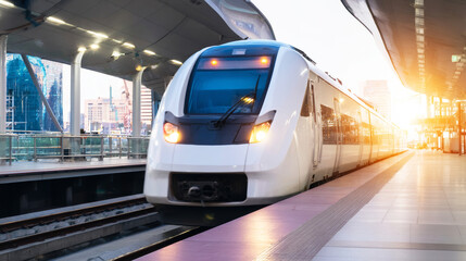 Fototapeta premium White bullet train arriving at modern railway station platform, featuring fast urban transit and future transportation