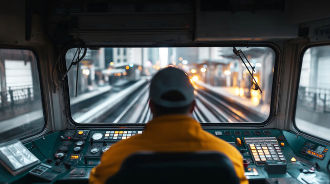 Train operator driving subway through urban station, overseeing public transportation system