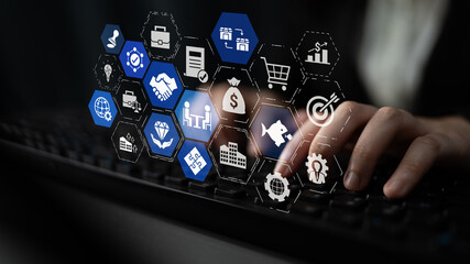 Naklejka premium Business concept icons showing mergers and acquisitions, partnership, investment, and growth. mergers and acquisitions creates synergy, supports expansion, and drives corporate value. Entice
