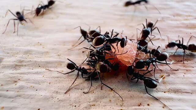 Macro footage of black ants swarming over a dead insect on a wooden surface, showing feeding behavior and coordinated movement as they break down organic matter in a natural environment.
