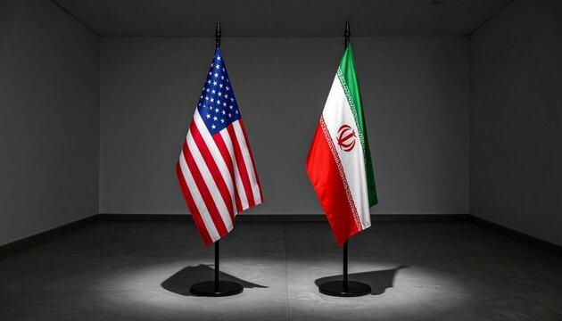 "United States and Iran flags crossed in dim room, symbolizing diplomacy, tension, negotiation, global politics, sanctions, economy, relations."