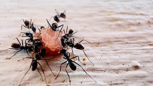 aMacro footage of black ants swarming over a dead insect on a wooden surface, showing feeding behavior and coordinated movement as they break down organic matter in a natural environment.