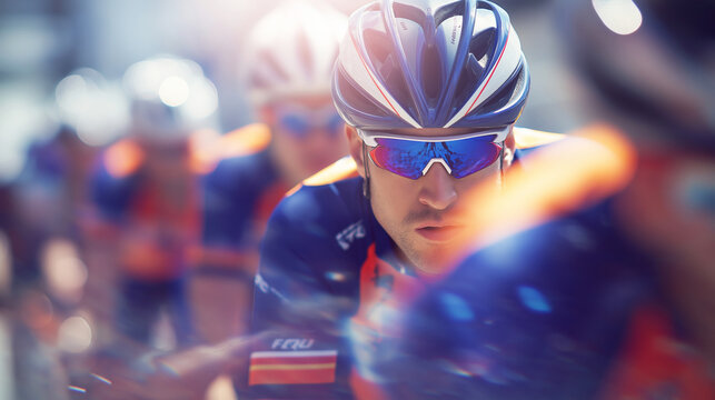 Male road cyclist in a helmet and sunglasses leading a peloton, demonstrating effort and concentration during a competitive race