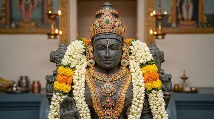 Fototapeta premium Ornate Sacred Deity Statue with Gemstone Crown and Floral Garlands in Dramatic Temple Lighting
