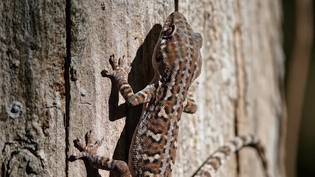 Closeup of a gecko clinging to a wooden surface in natural habitat.
