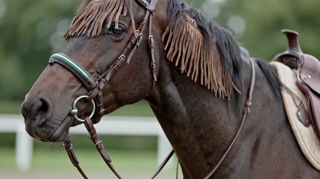 Closeup of a horse wearing a bridle and saddle in a field.