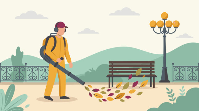 Park worker using a leaf blower to clear autumn leaves