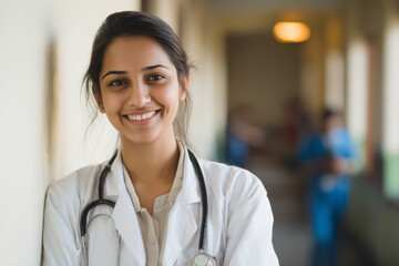 Fototapeta premium Minimal close-up portrait of indian medical student wearing white coat and stethoscope smiling confidently in hospital training corridor, soft natural window lighting, ultra-sharp focus with copy
