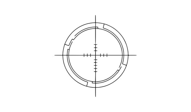 Thin line crosshair reticle icon with concentric circles and geometric targeting design isolated on white background