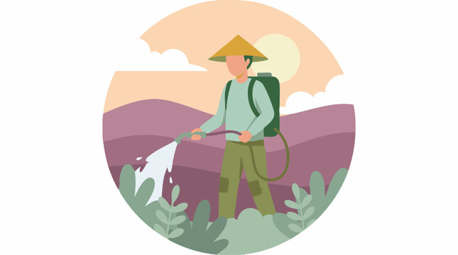 Minimalist illustration of farmer spraying plants in a field with backpack sprayer