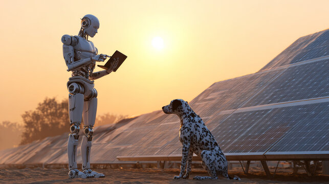 Robot worker checking energy production on a digital tablet next to an inquisitive dalmatian dog in a solar power farm